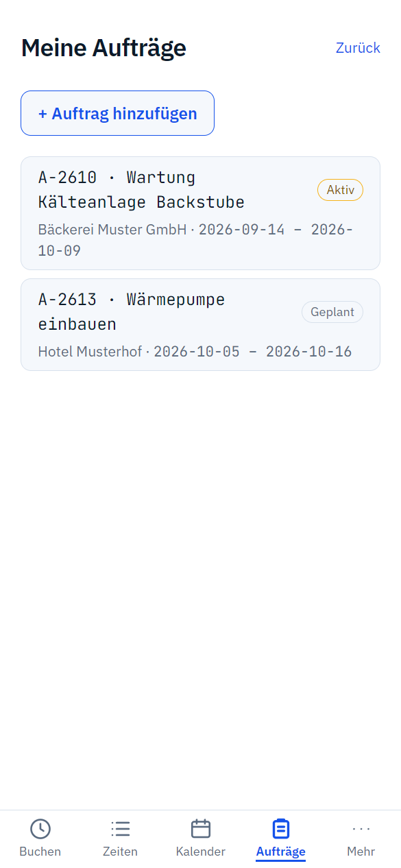 Monteur-App, „Meine Aufträge“ mit der Liste der zugeteilten Aufträge.