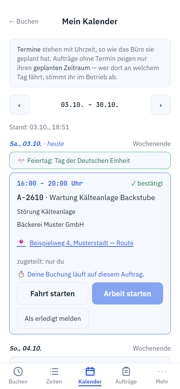Monteur-App, „Mein Kalender“ mit den Terminen und Einsätzen des Monteurs.